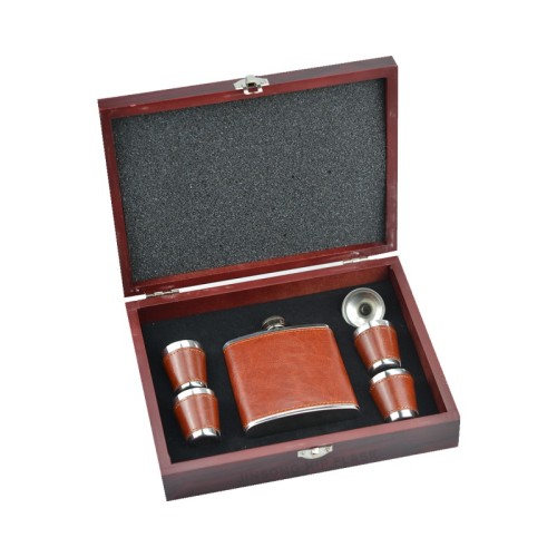 6 oz. Laserable leather Stainless Steel Hip Flask Set in Wood Presentation Box