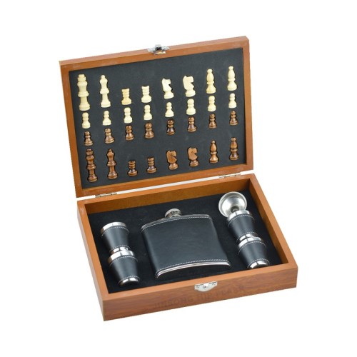 Wooden chess gift set with hip flask and shot glass