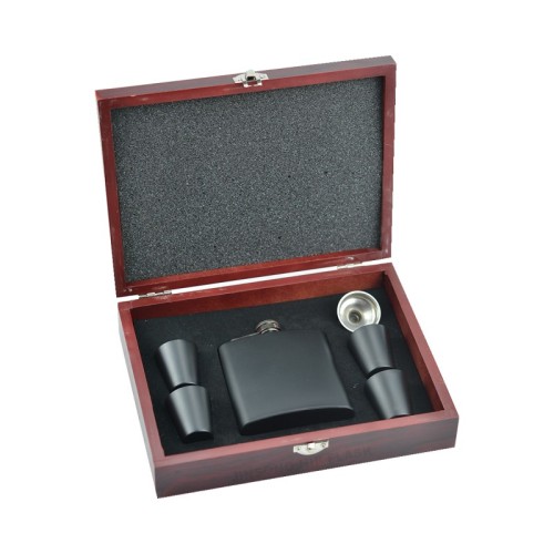 6 oz. matt black Stainless Steel Hip Flask Set in Wood Presentation Box