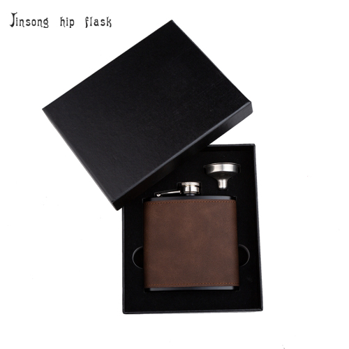 6 oz. Coffer brown engraved leather hip Flask Set in Black Presentation Box,18/8 stainless steel liquor flask