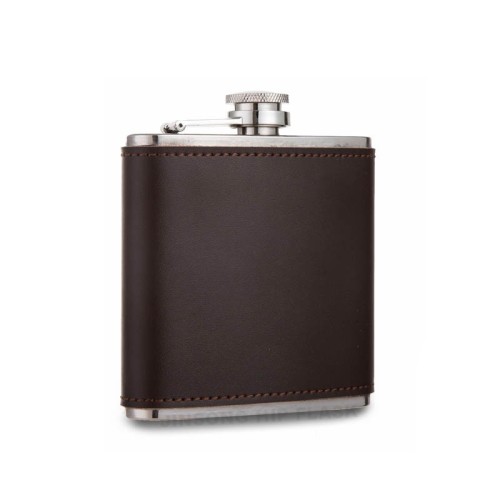 Genuine leather hip flask 6 oz deep brown , engraved real leather hip flask , china 304 stainless steel hip flask