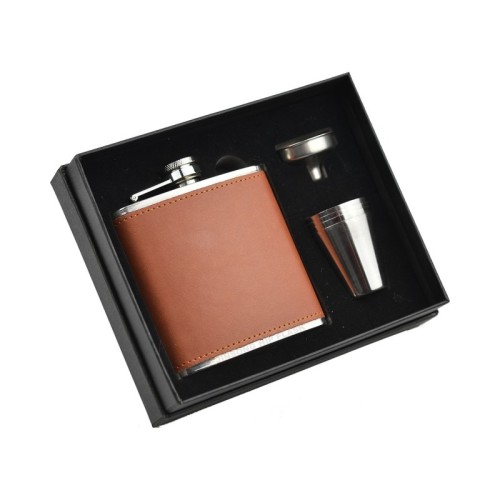 6oz Brown Leather Flasks Set