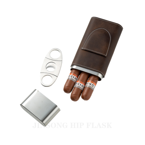 Black Leather Three Cigar Case & Stainless Steel Cutter Set