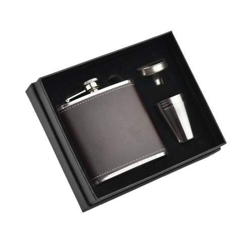 6oz Black Engraved Leather Flasks Set in gift box
