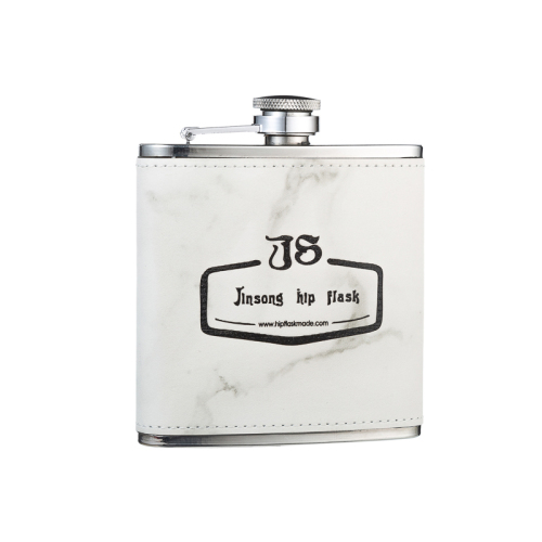 6 oz white Marble/Black Leather Hip Flask ,18/8 stainless steel flagon