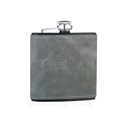 6 oz Grey/Black Fake Leather Hip Flasks,18/8 stainless steel