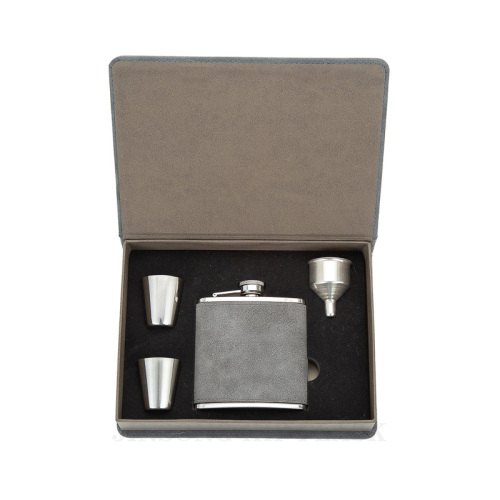 6 oz. Grey Laserable Leatherette Stainless Steel flask in leather gift box