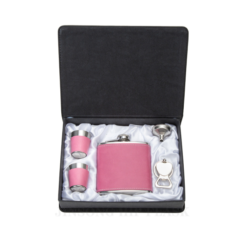 6 oz. Pink Laserable Leatherette Stainless Steel flask in leather gift box