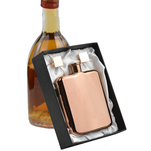 Luxury Rose golden plated hip flask 6 oz with rose golden cufflinks set .
