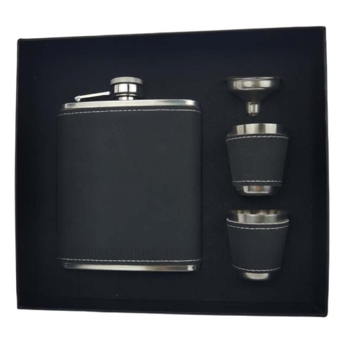 7 oz Black leather hip flask set with personalized gift box