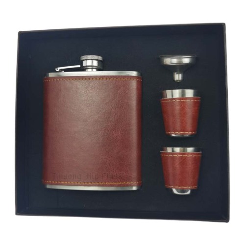 7 oz Red Brown Leather hip flask set with personalized gift box