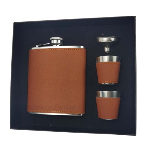 7 oz Brown leather hip flask set with personalized gift box