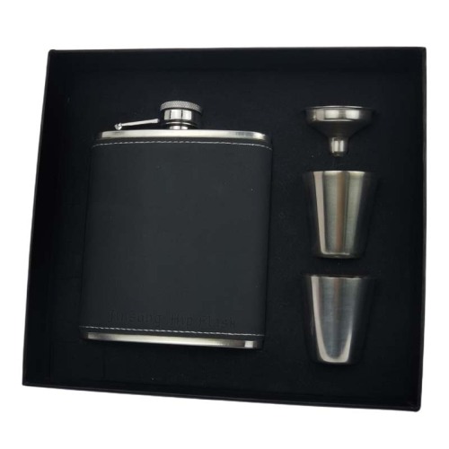 7 oz Fake Leather hip flask with 2 sliver shot glassed set set with personalized gift box