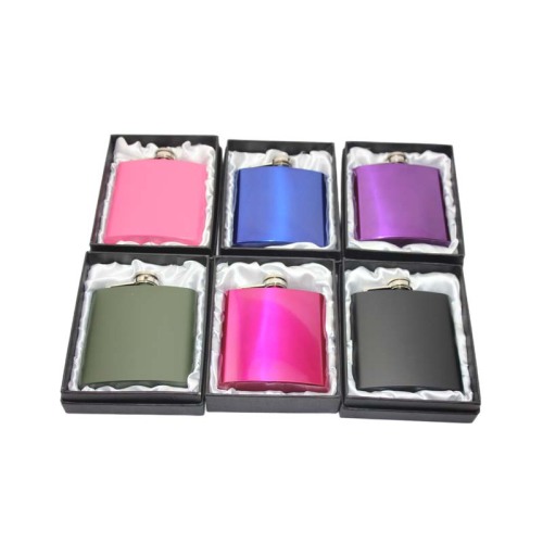 Powder -Coated 6 oz hip flask , 13 color available ,Custom logo engraved , 18/8 stainless steel hip flask in gift box