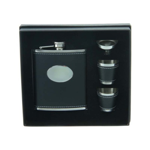 7 oz Oval Fake Leather hip flask with 2 black leather wrapped shot glassed set with personalized gift box