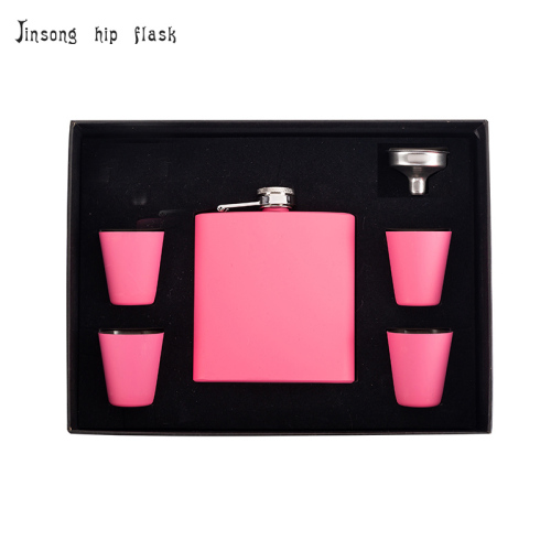 6 oz Matt Pink Flask with 4 shot glassed set set with personalized gift box