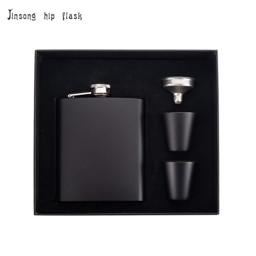 7 oz Matt Black Flask with 2 shot glassed set set with personalized gift box