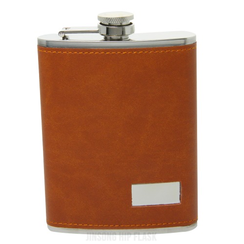 Whiskey Flask Leather Flask 8 oz Brown Color With Retangle Sliver ,304 stainless steel , Food Degree