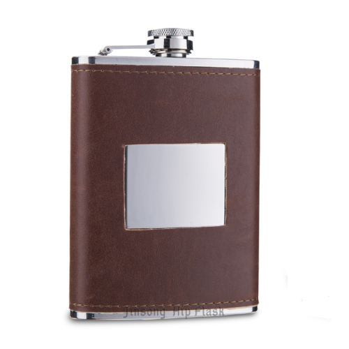 Whiskey Flask Leather Flask 8 oz Brown Color With Square Sliver ,304 stainless steel , Food Degree