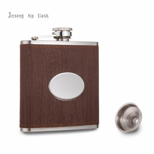 6 oz fake wooden leather hip flask with middle oval part ,18/8 stainless steel liquor flask
