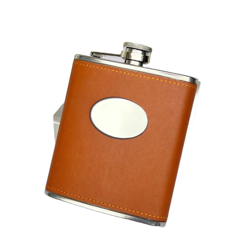 7 oz Brown leather hip flask with oval part . 18/8 stainless steel