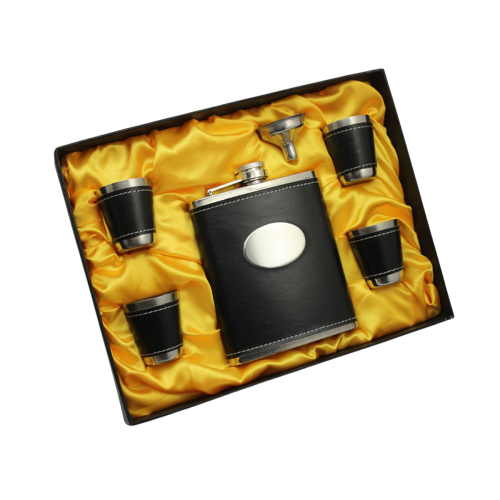 7oz black leather hip flask with 4 leather cups funnel set