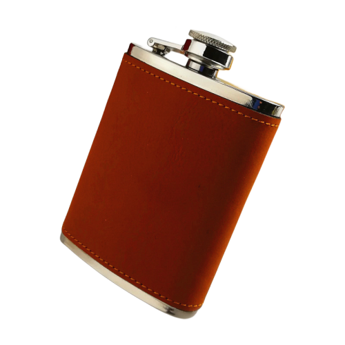 4 OZ Hip Flask with Brown leather wrapped ,18/8 stainless steel food degree , suit for co2 machine or fiber machine engraved