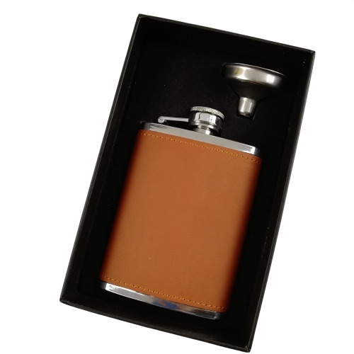 4oz. Laserable Leatherette Hip Flask Set in Black Presentation Box,18/8 stainless steel Laserable Flasks set,Tan/black leather