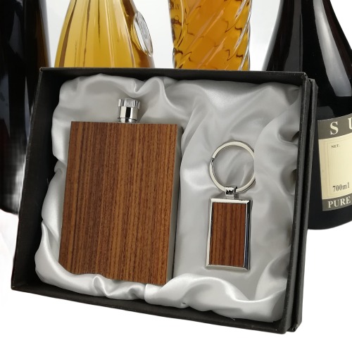 3oz deep wooden wrapped hip flask with wooden stainless steel keychain