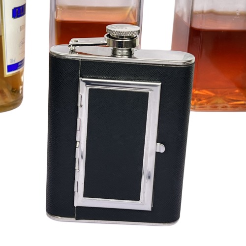 6 Oz Leak Proof Stainless Steel Pocket Hip Flask with Black Leather Cover with cigarret case