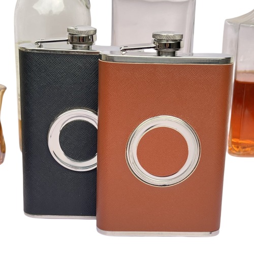 Jinsong Hip Flask Stainless Steel Shot glass hip Flasks 8OZ Black or Brown Leather wrapped + TeleScope cup