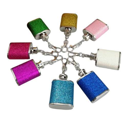 1 oz Key chain mini hip flask with glittle leather wrapped