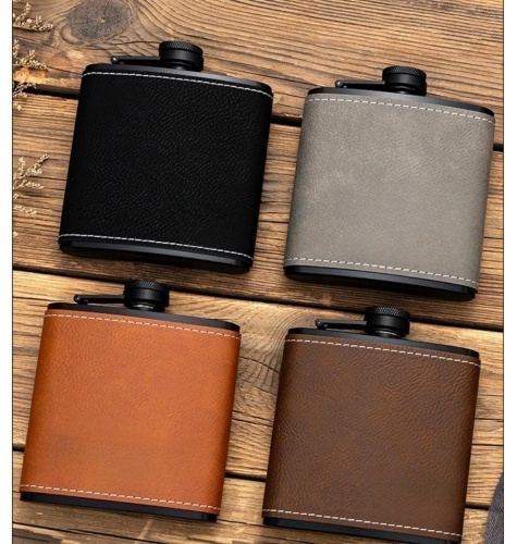 18/8 Stainless Steel 6oz black flask wrapped with engraved Leatherette Hip Flask Foode Degree ,20 Color available ,LOGO can be engraved