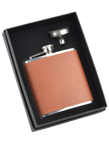 6 oz. Laserable Leatherette Hip Flask Set in Black Presentation Box,18/8 stainless steel Laserable Flasks set,Tan/black leather