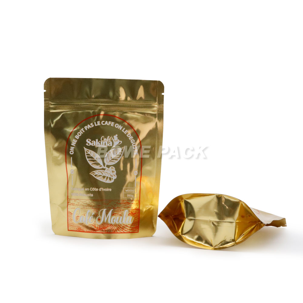 Custom Printed 250g Shiny Gold Stand Up Pouch with Zipper Wholesale