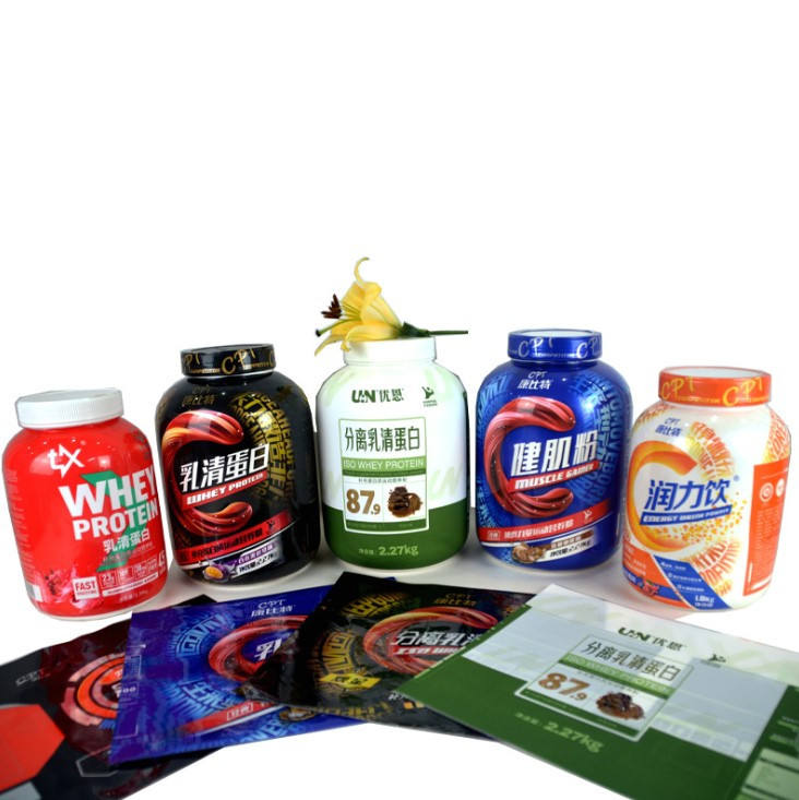 Etiqueta de funda retr&aacute;ctil para botella de prote&iacute;na en polvo