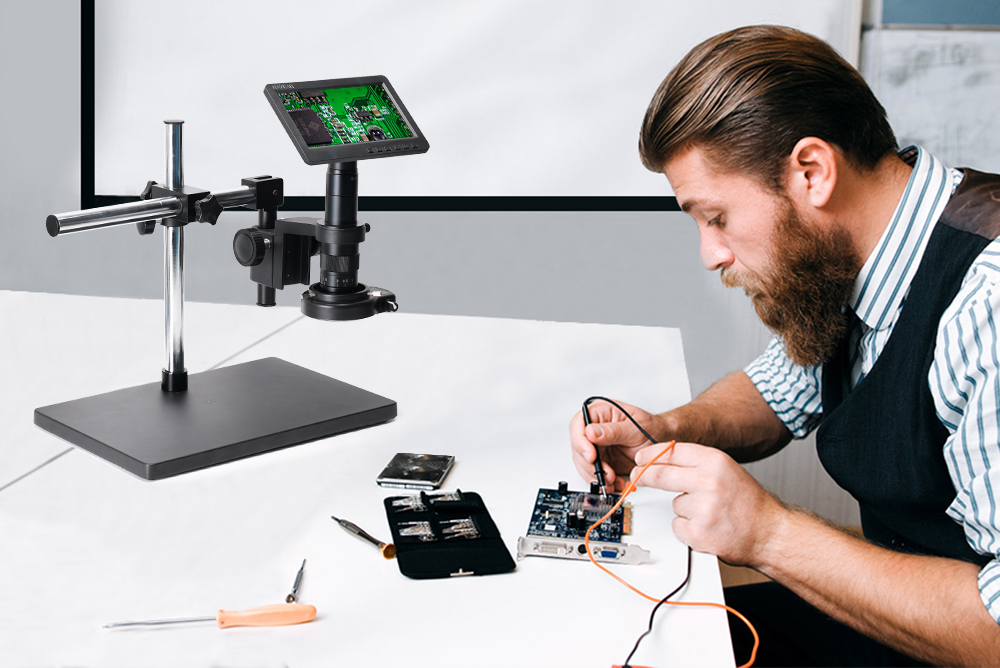 26 MP 7-inch screen digital microscope, with 180 x C mounting lens +144 LED ring light lamp+ Big Boom Stand Universal Bracket