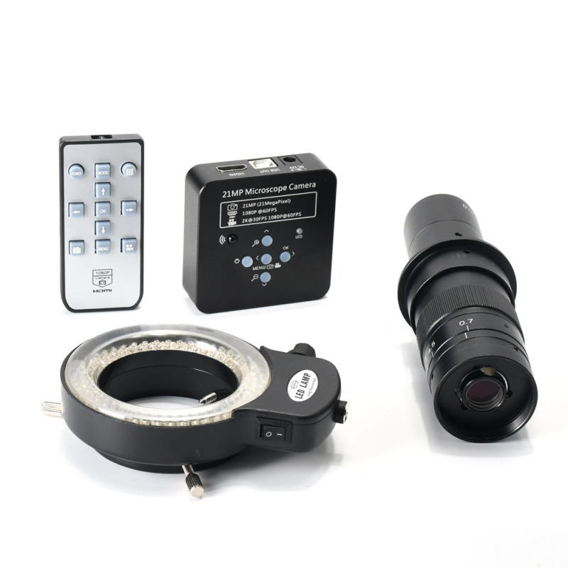 Full Set 21MP 1080p 60fps 2k HDMI HD USB Digital Video Microscope Camera + 180X Lens + 144LED Lights + Big Boom Stereo Camera Stand