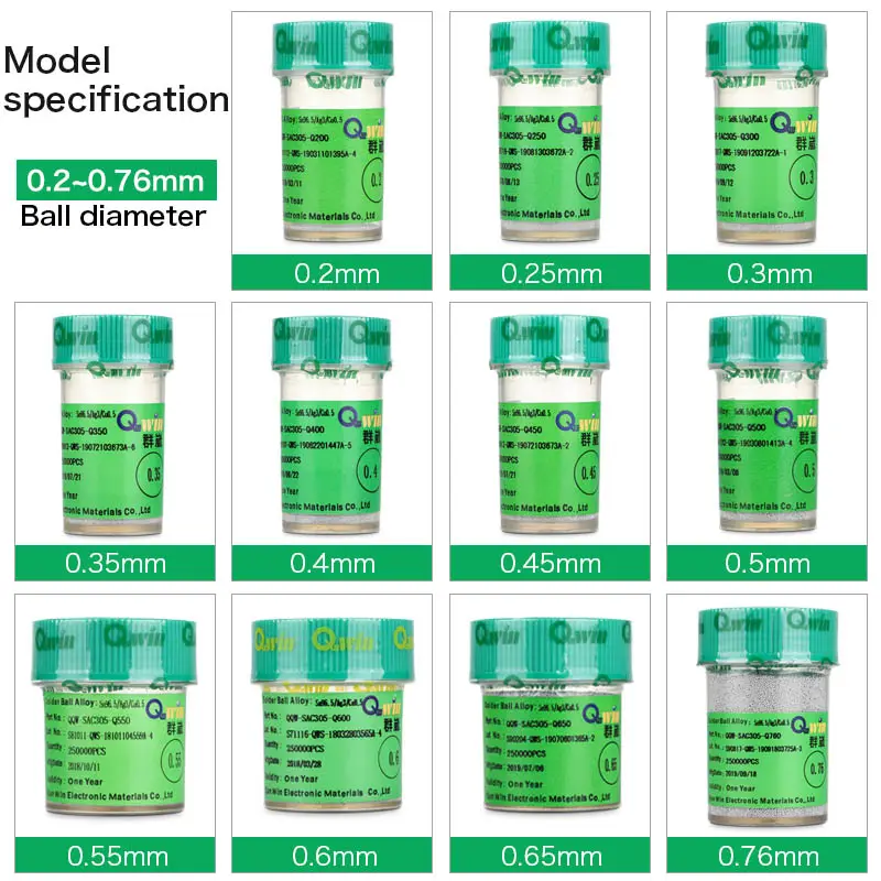 Sn96.5 Ag3 Cu0.5 Lead-Free BGA Solder Balls 0.2-0.76mm Repair Tools Welding & Soldering Supplies