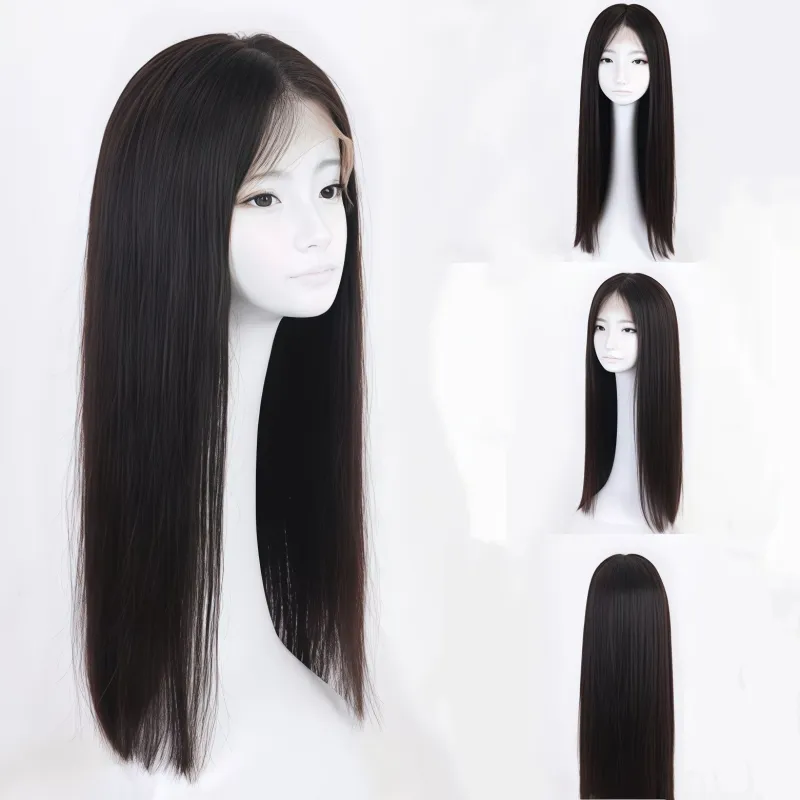 女性用ロング黒髪フルヘッドウィッグ