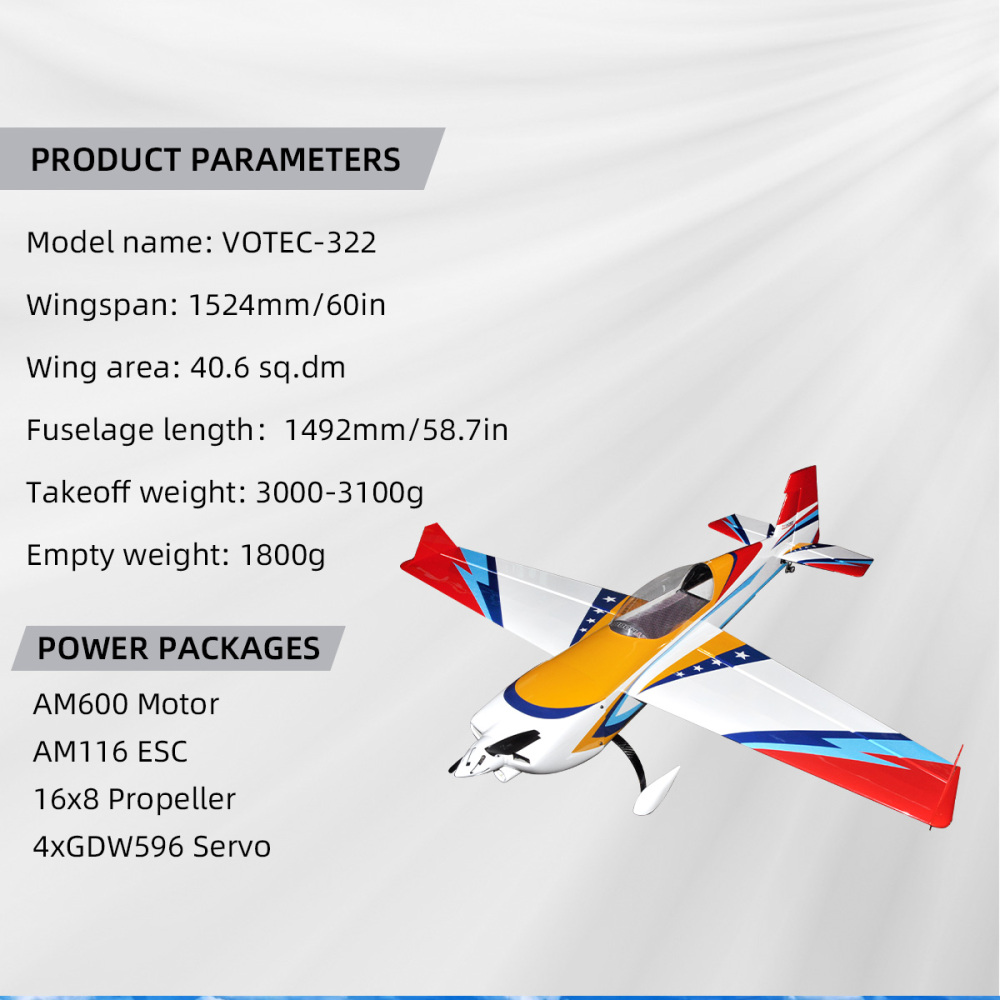 VOTEC 322 60inch Balsa Model Airplane 3D Fixed Wing Light Wood Remote-Controlled Aircraft(Ordinary Covering)