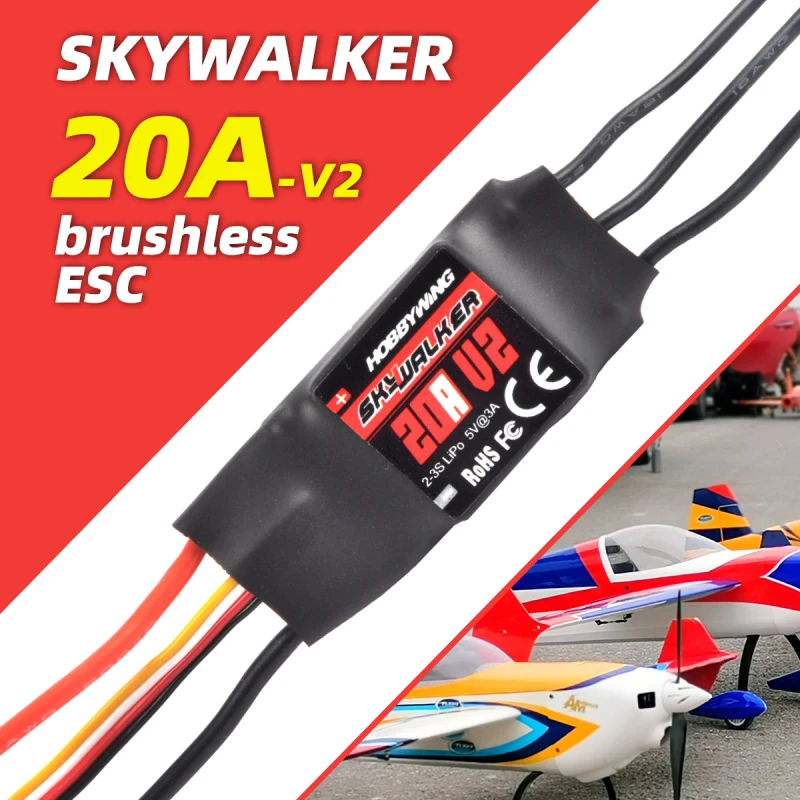 HOBBYWING Skywalker-20A V2 Brushless Electronic Speed Controller Brushless ESC 2-3S LiPo Low Voltage for RC Airplanes