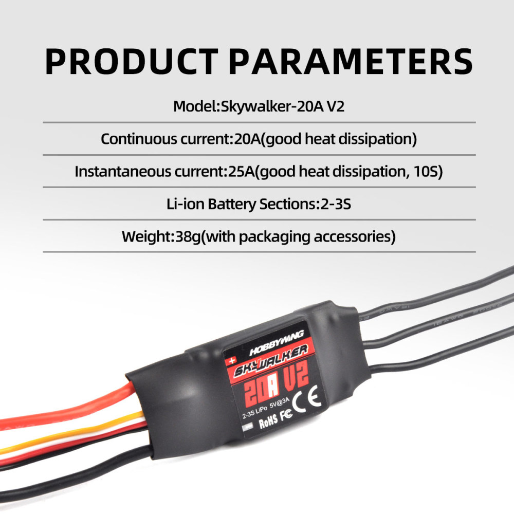 HOBBYWING Skywalker-20A V2 Brushless Electronic Speed Controller Brushless ESC 2-3S LiPo Low Voltage for RC Airplanes