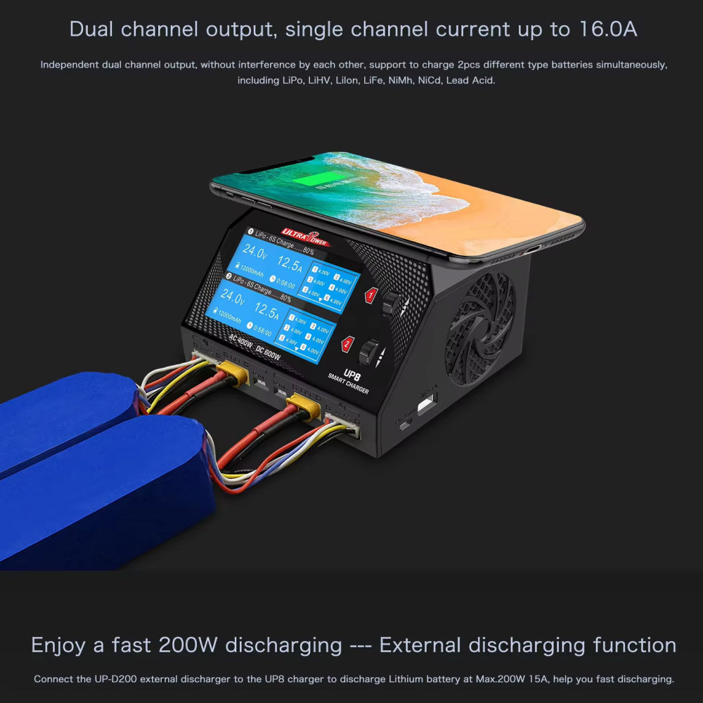 Ultra Power UP8 Dual channel AC 400W/ DC 600W Smart Charger Led Display RC Model Charger