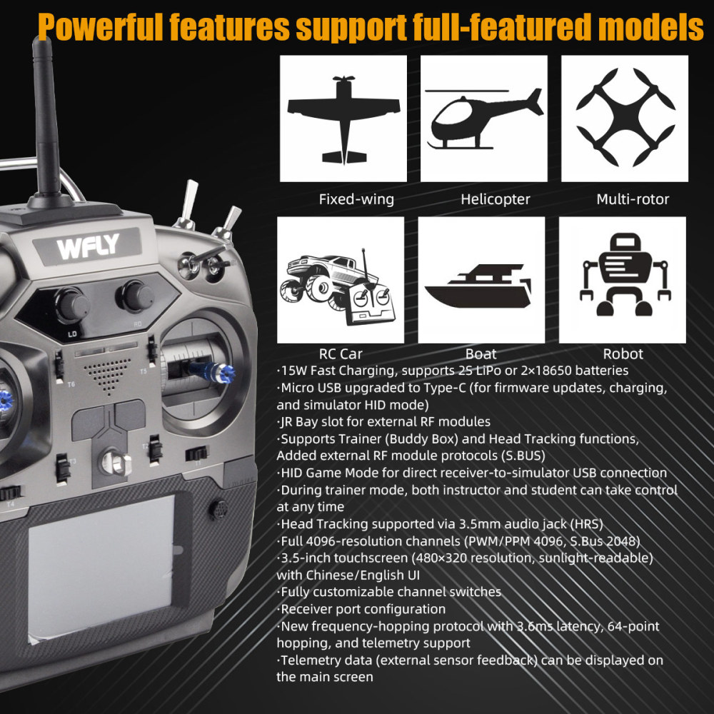 Flysky ET16S 2.4GHz RC Transmitter CNC Metal Hall Sensor Gimbal 15W Fast Charging