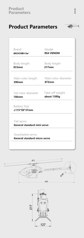 RC Helicopter GooSky RS4 Venom Edition 6-Channel 3D Direct-Drive PNP Version