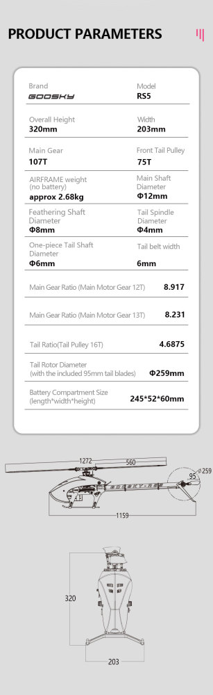 RC Helicopter GOOSKY RS5 Brushless Direct-Drive 550-Class 6-Channel 3D Helicopter Kit Version (Blades Not Included)