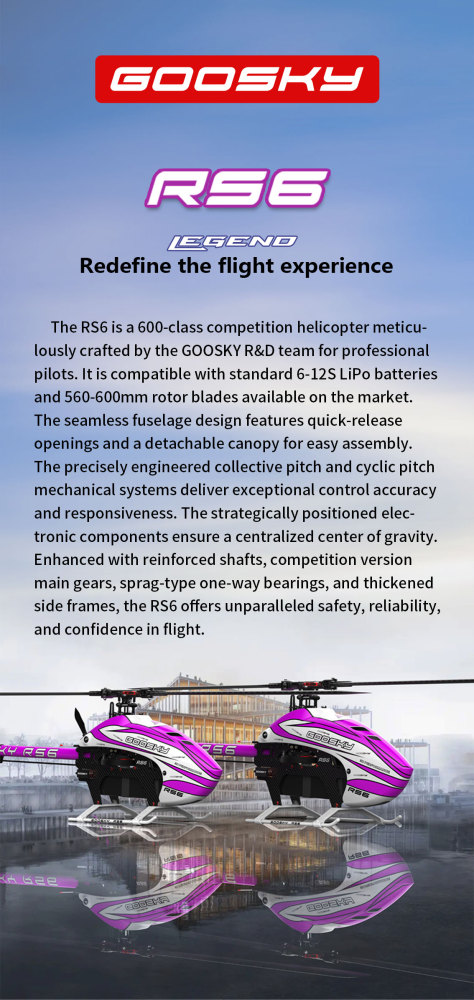 RC Helicopter GOOSKY RS6 (Kit Version) – Brushless Direct Drive 600-class 6-channel 3D helicopter blades not included