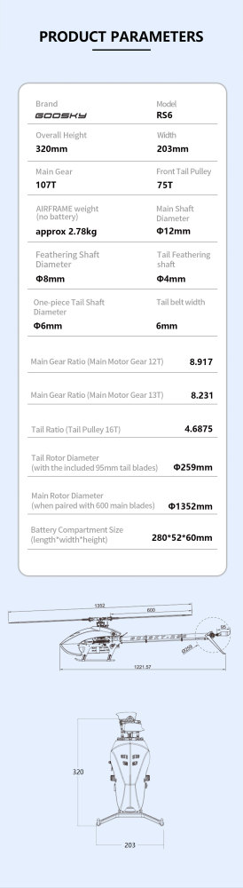 RC Helicopter GOOSKY RS6 (Kit Version) – Brushless Direct Drive 600-class 6-channel 3D helicopter blades not included