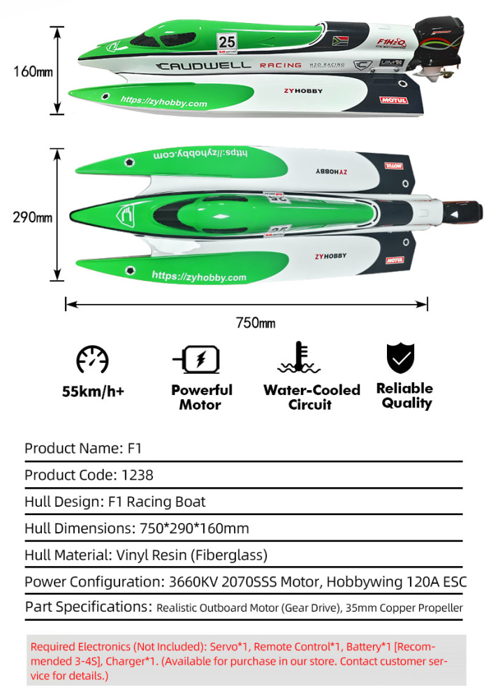 RC RTR 1238 30" Electric Boat Caudwell F1 Boat 3660/2070kv brushless Motor